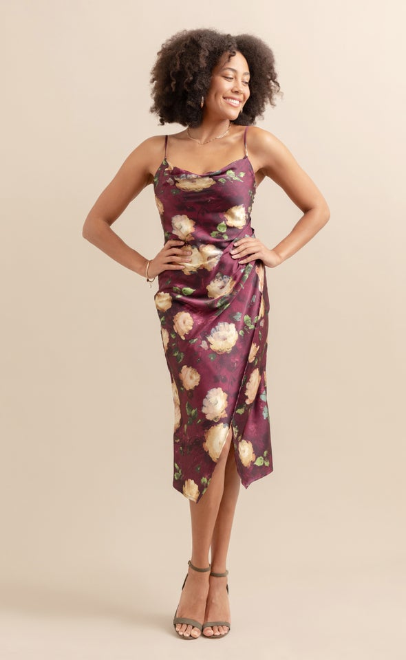 Satin Cowl Split Hem Dress Aubergine/floral