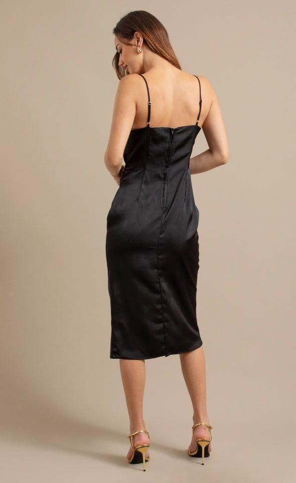Satin Cowl Split Hem Dress Black