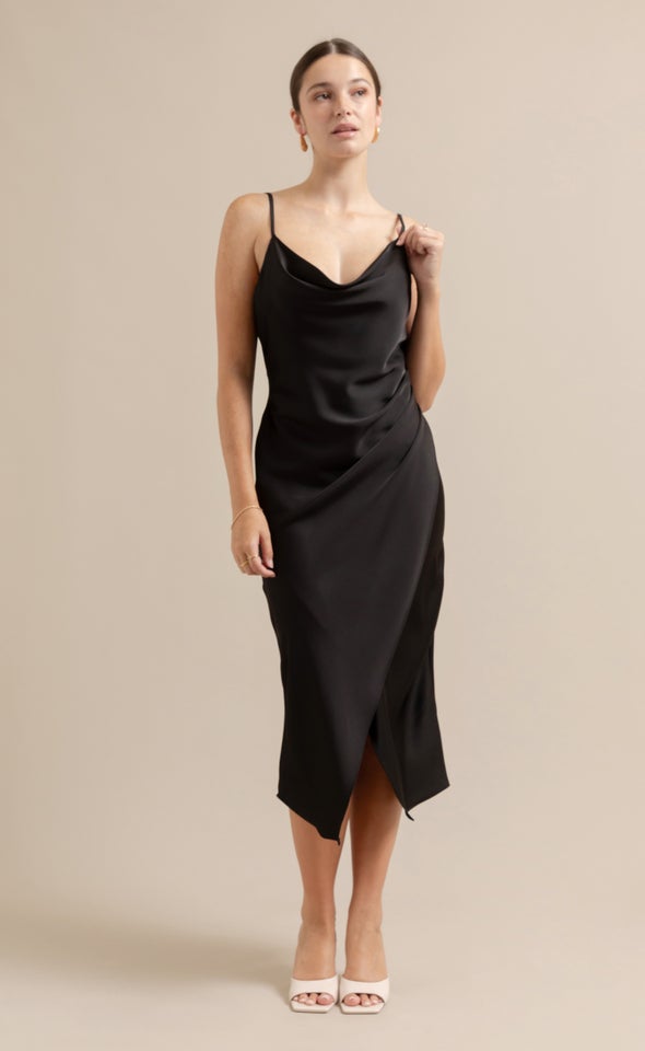 Satin Cowl Split Hem Dress Black