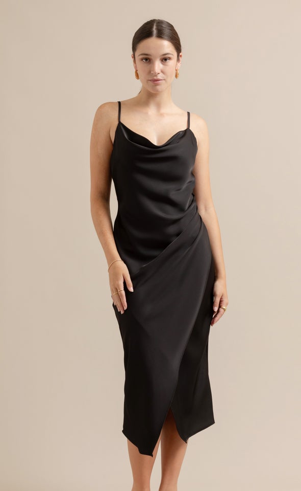 Satin Cowl Split Hem Dress Black