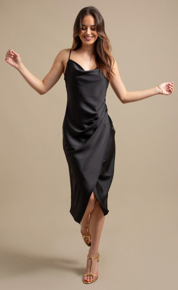 Satin Cowl Split Hem Dress Black