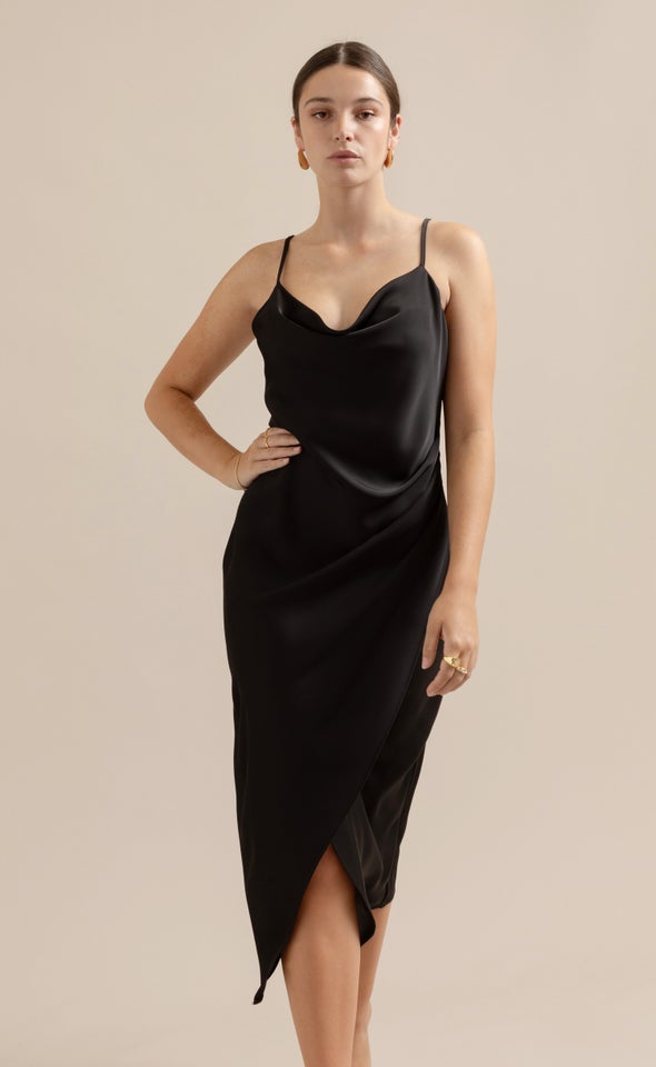 Satin Cowl Split Hem Dress Black