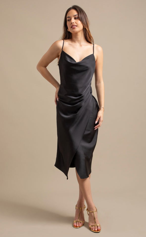 Satin Cowl Split Hem Dress Black