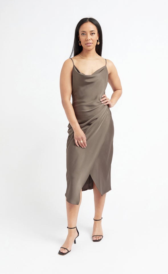 Satin Cowl Split Hem Dress Black Olive