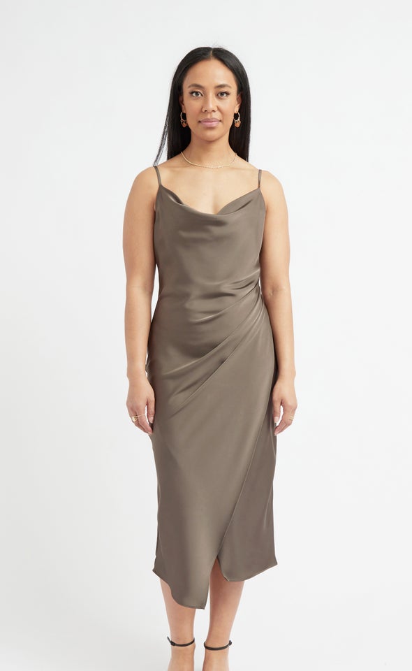 Satin Cowl Split Hem Dress Black Olive