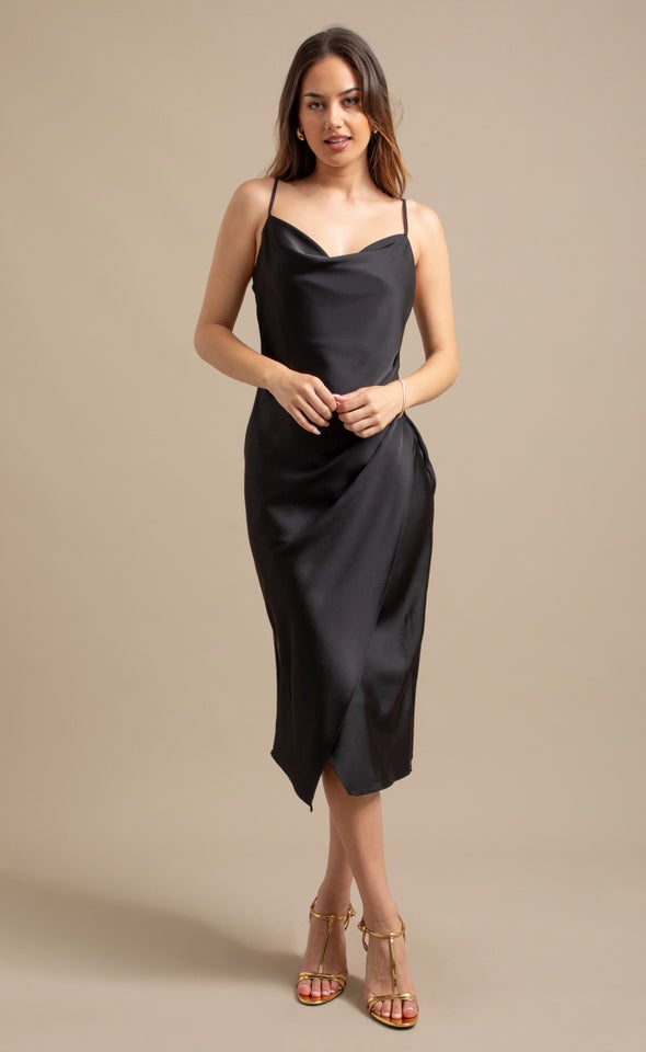 Satin Cowl Split Hem Dress Black