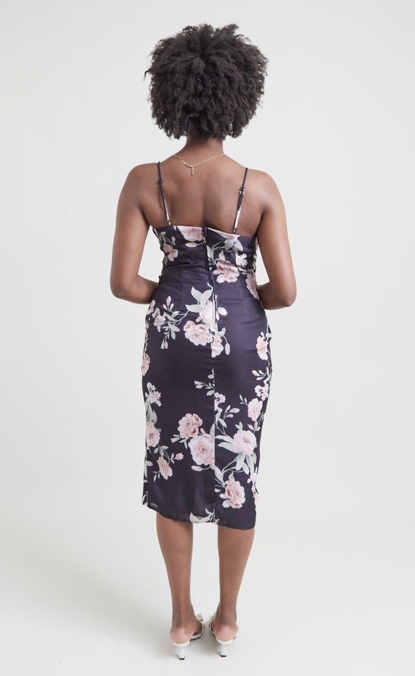 Satin Cowl Split Hem Dress Black/blush