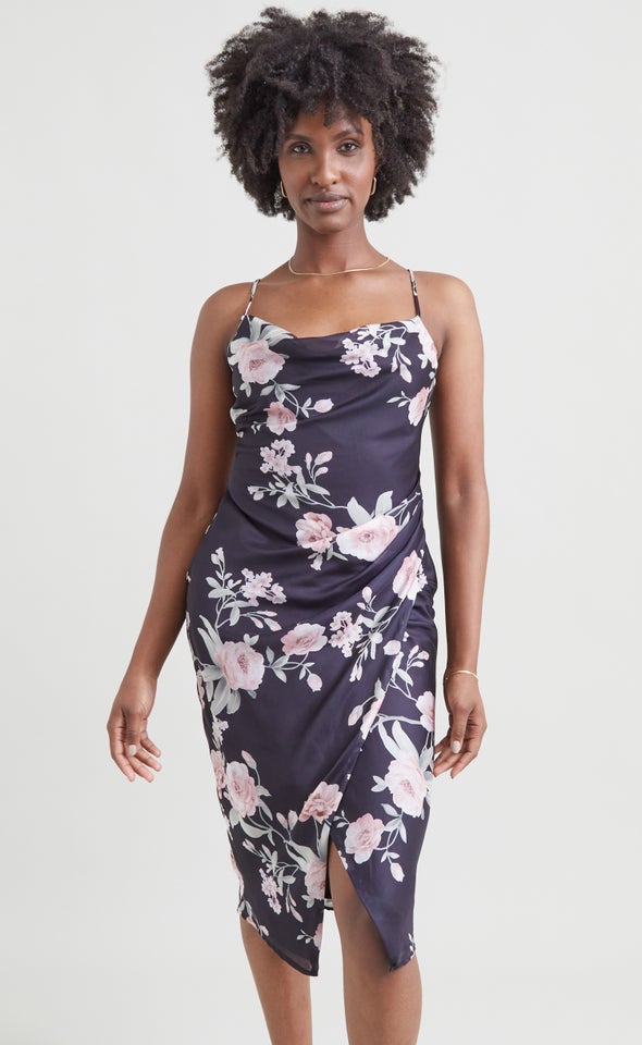 Satin Cowl Split Hem Dress Black/blush