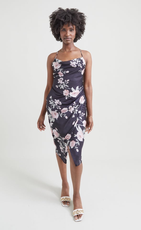Satin Cowl Split Hem Dress Black/blush