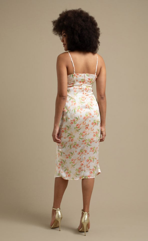 Satin Cowl Split Hem Dress Cream/ Coral Floral
