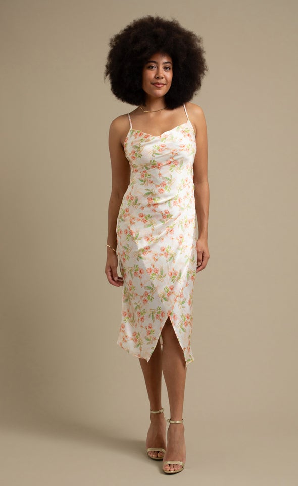 Satin Cowl Split Hem Dress Cream/ Coral Floral