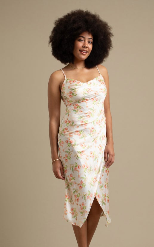Shop our Satin Cowl Split Hem Dress in Cream/ coral floral