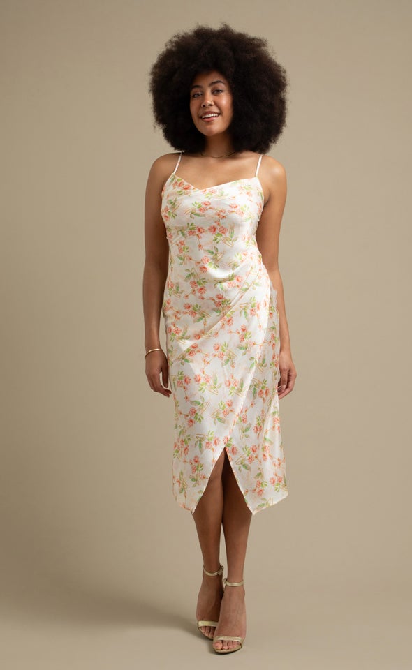 Satin Cowl Split Hem Dress Cream/ Coral Floral