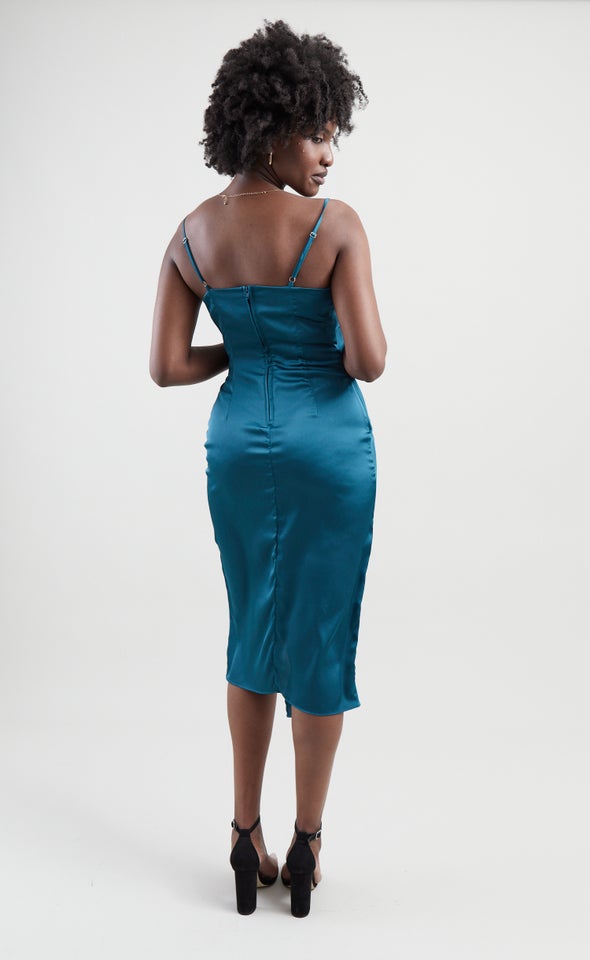 Satin Cowl Split Hem Dress Dark Teal