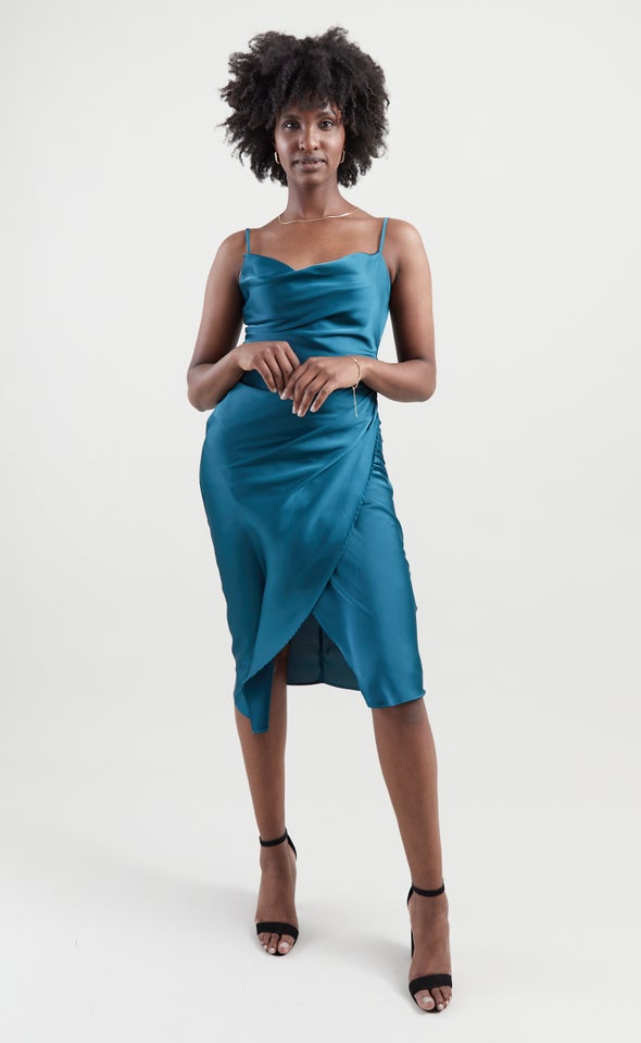Satin Cowl Split Hem Dress Dark Teal