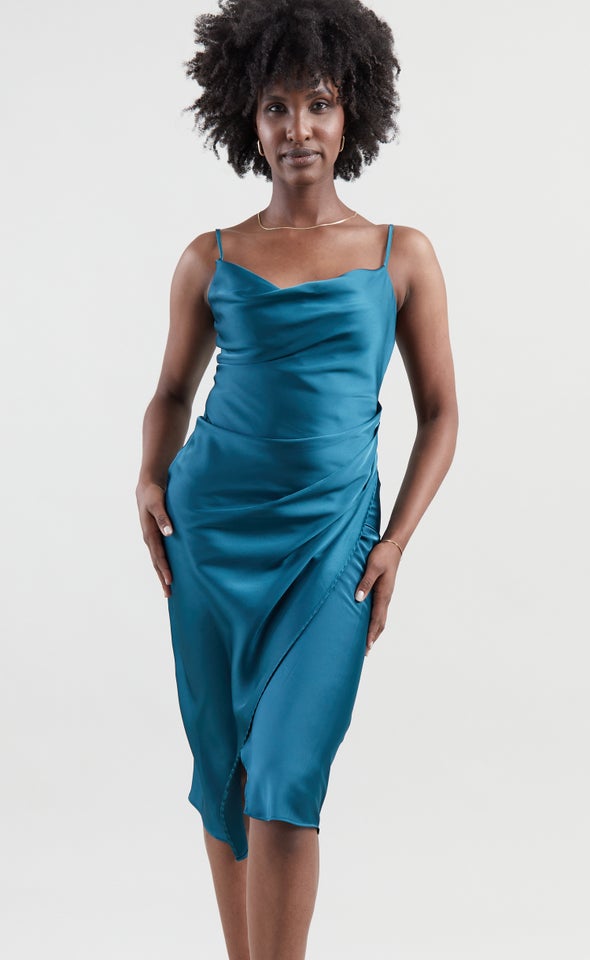 Satin Cowl Split Hem Dress Dark Teal
