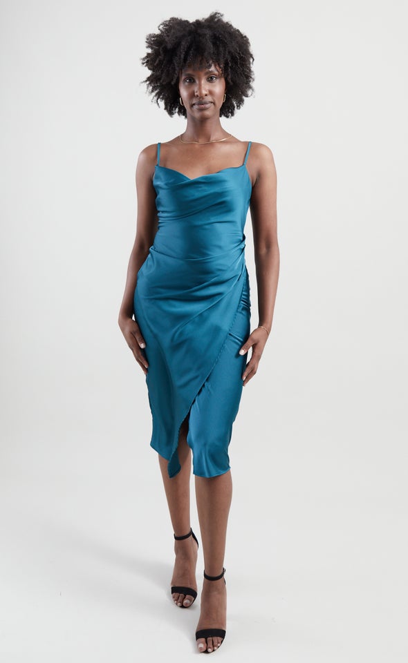 Satin Cowl Split Hem Dress Dark Teal
