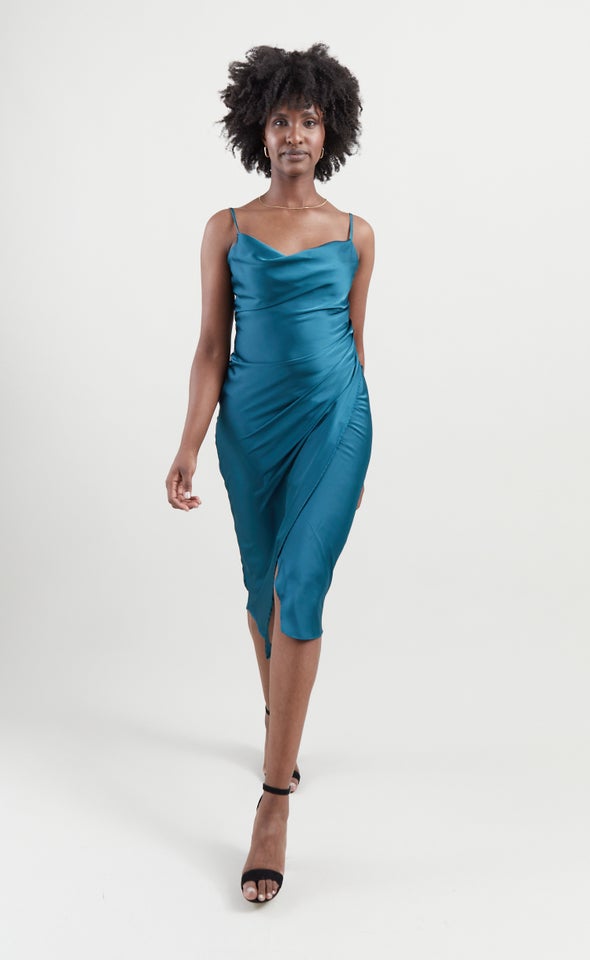 Satin Cowl Split Hem Dress Dark Teal