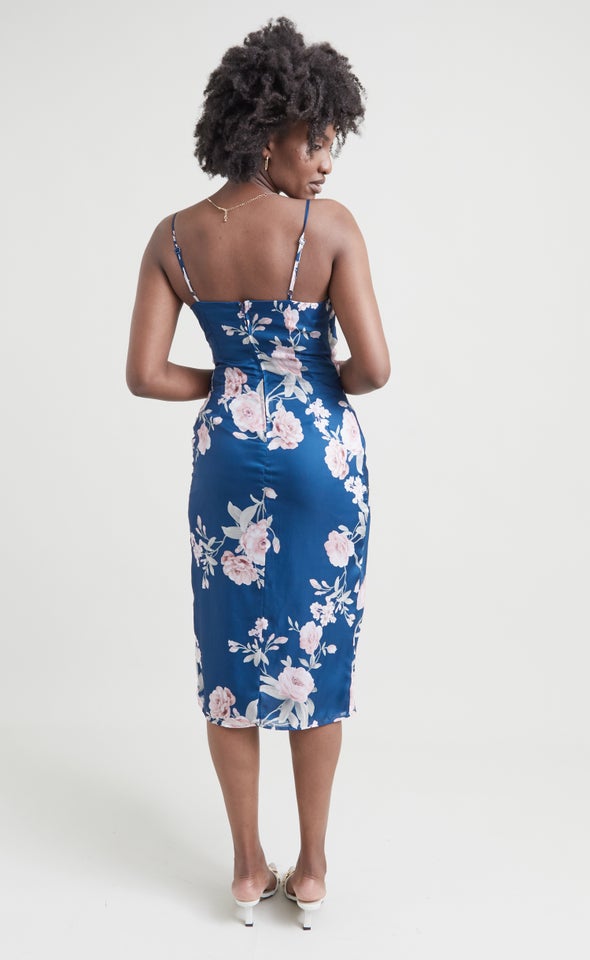Satin Cowl Split Hem Dress Dark Teal/blush