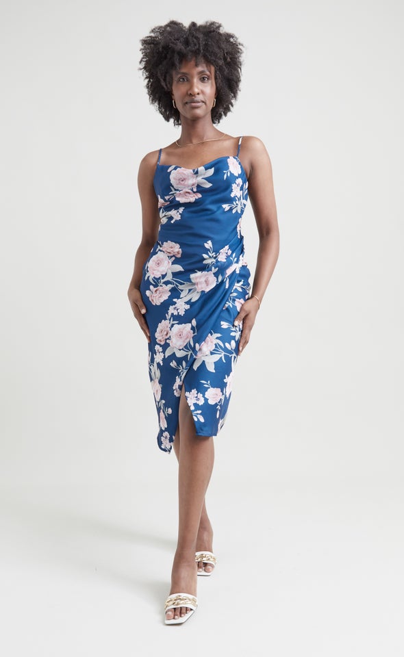 Satin Cowl Split Hem Dress Dark Teal/blush