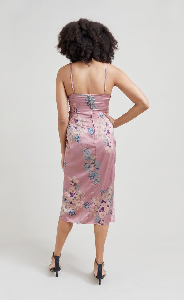 Satin Cowl Split Hem Dress Dusty Rose/floral