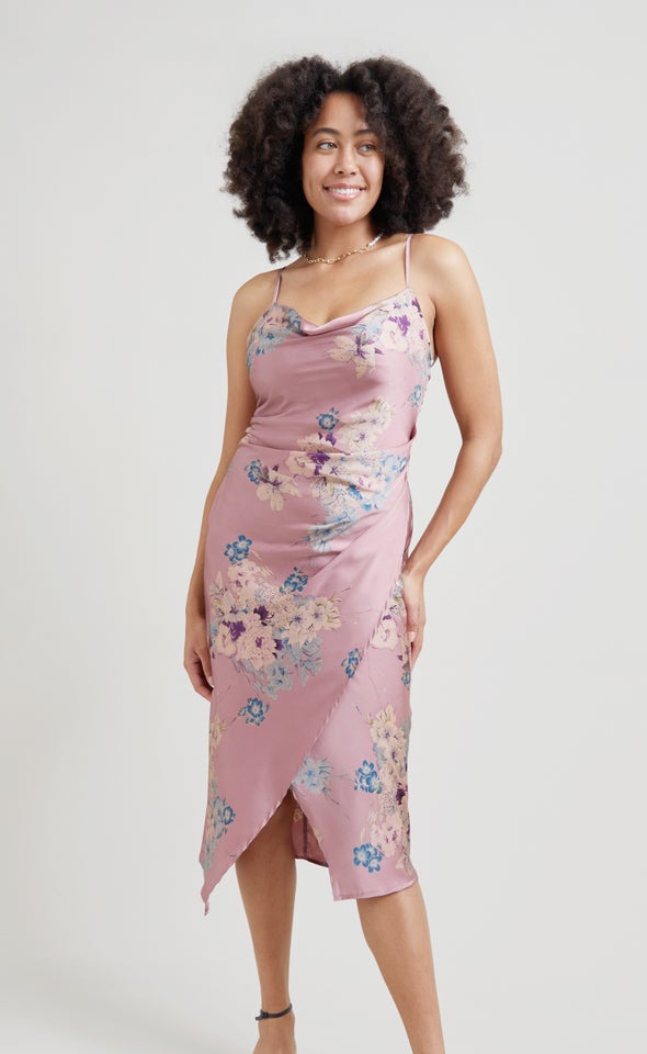 Satin Cowl Split Hem Dress Dusty Rose/floral