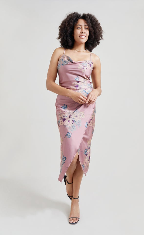 Satin Cowl Split Hem Dress Dusty Rose/floral