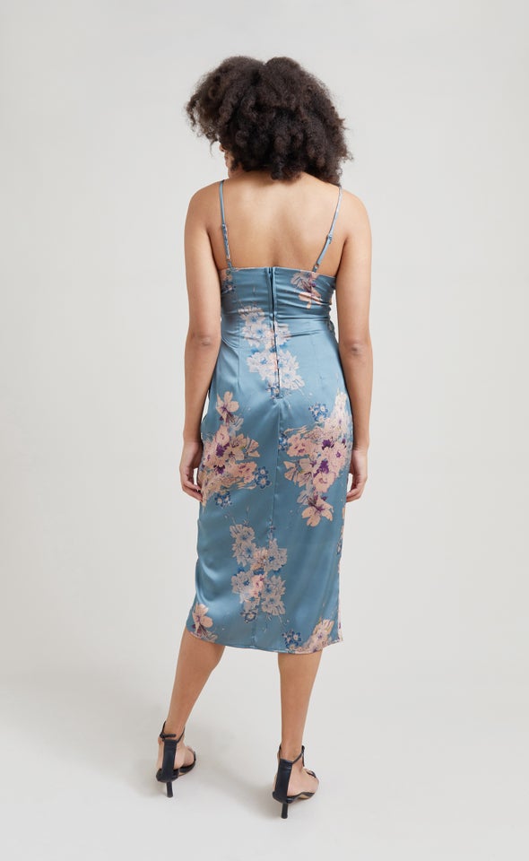 Satin Cowl Split Hem Dress Dusty Teal/floral