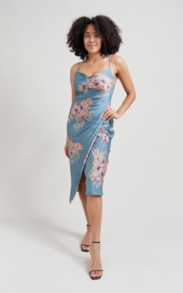 Shop our Satin Cowl Split Hem Dress in Dusty rose/floral | Pagani