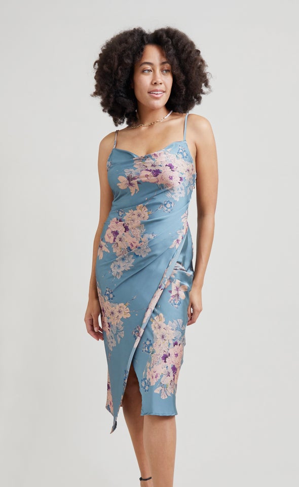 Satin Cowl Split Hem Dress Dusty Teal/floral