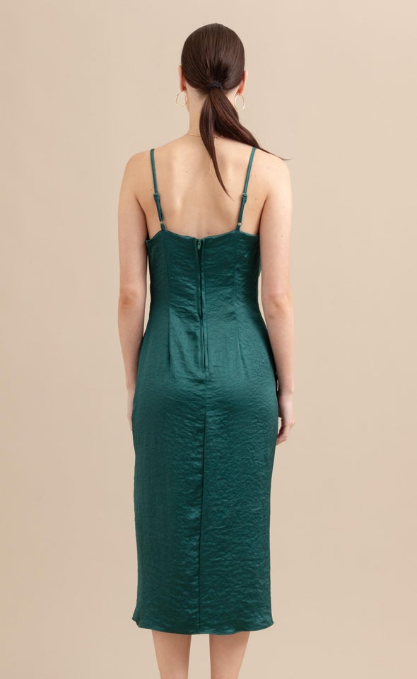 Satin Cowl Split Hem Dress Forest Green