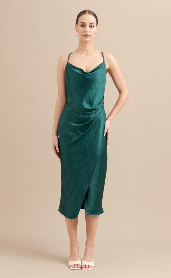 Satin Cowl Split Hem Dress Forest Green