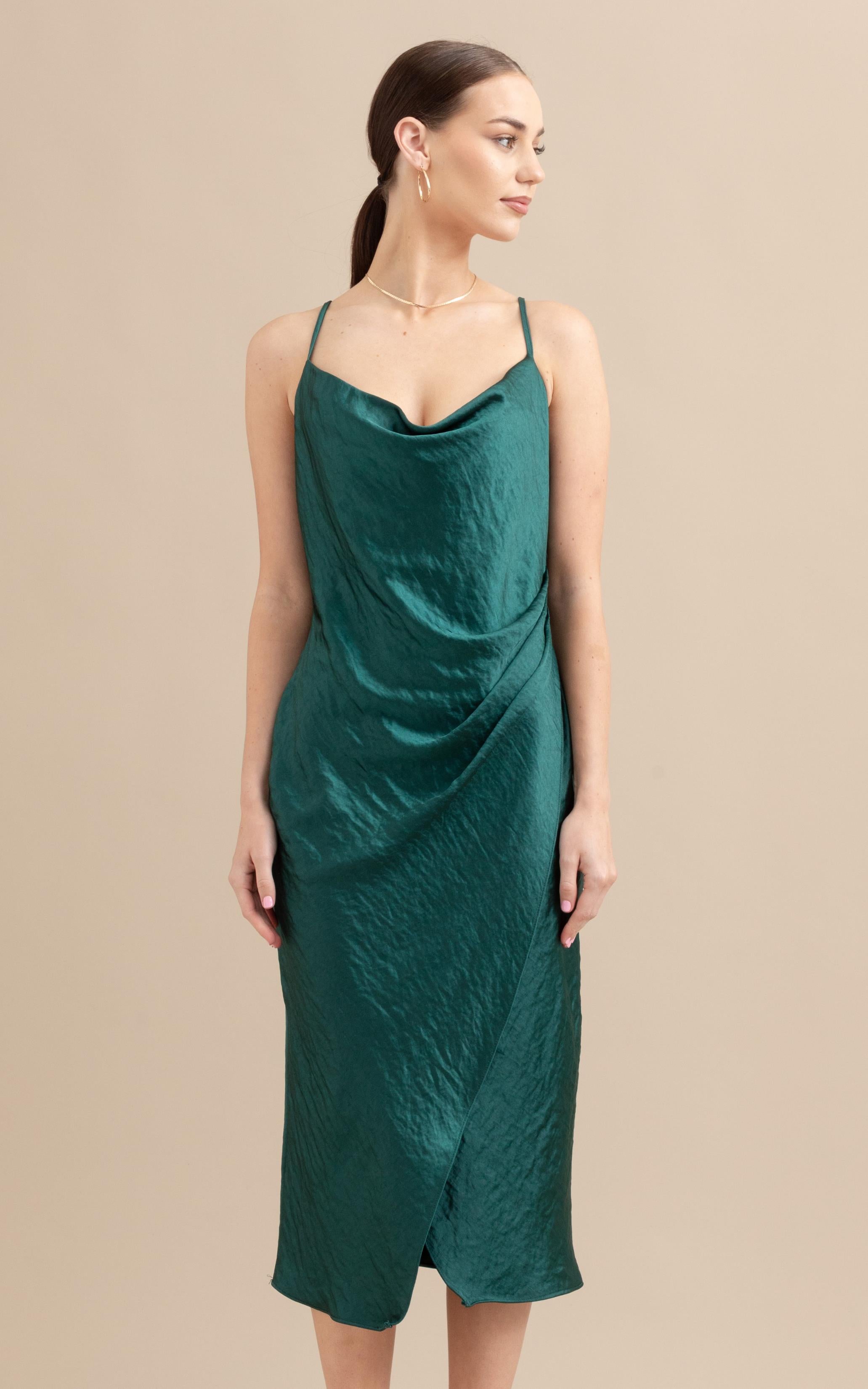 Shop our Satin Cowl Split Hem Dress in Forest green | Pagani Shop our Satin Cowl Split Hem Dress in Forest green | Pagani