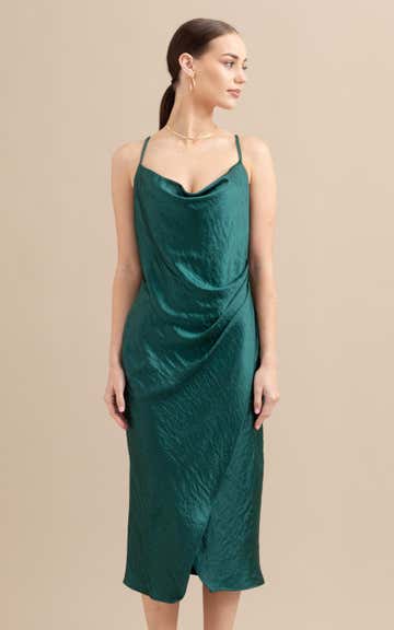 Shop our Satin Cowl Split Hem Dress in Forest green | Pagani
