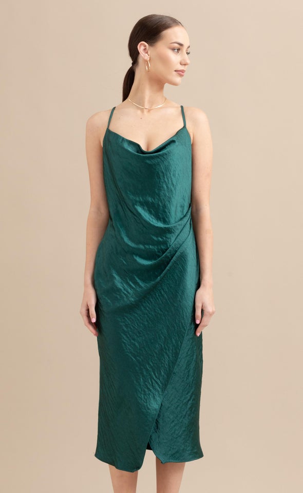 Satin Cowl Split Hem Dress Forest Green