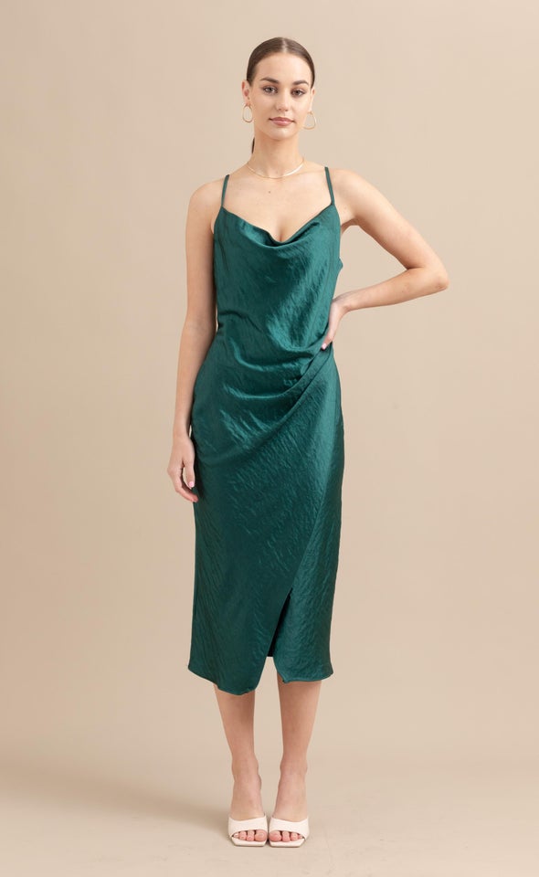 Satin Cowl Split Hem Dress Forest Green