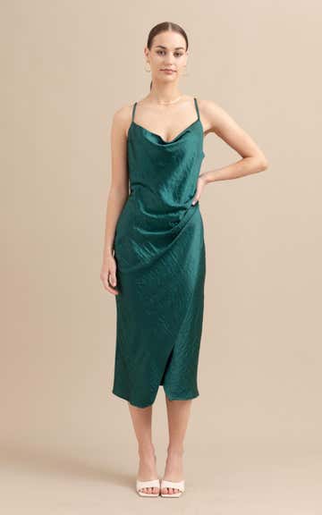 Shop our Satin Cowl Split Hem Dress in Forest green | Pagani Shop our Satin Cowl Split Hem Dress in Forest green | Pagani