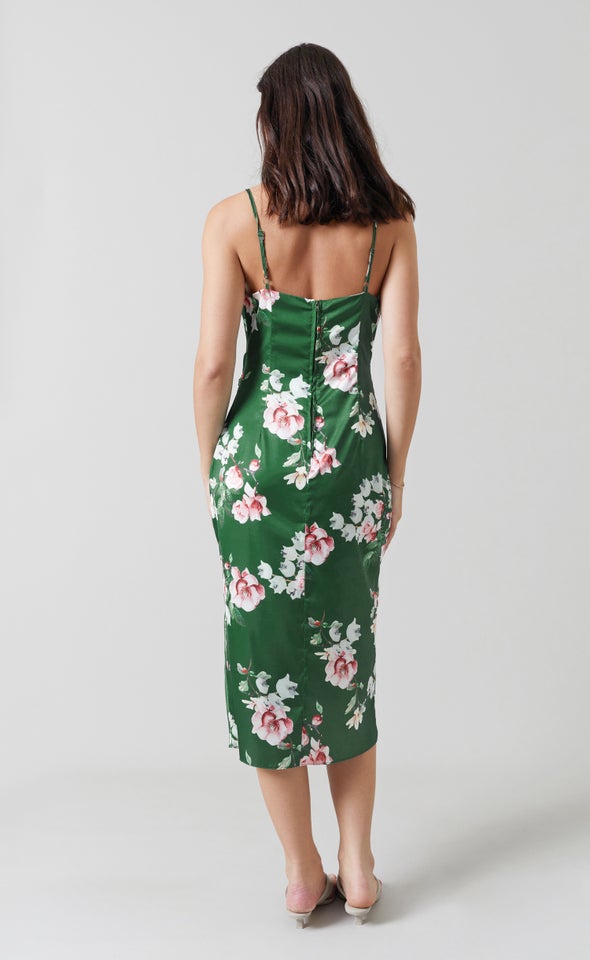 Satin Cowl Split Hem Dress Green/floral