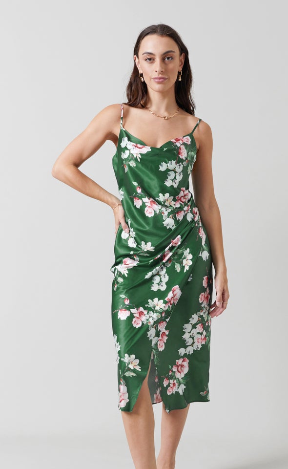 Satin Cowl Split Hem Dress Green/floral