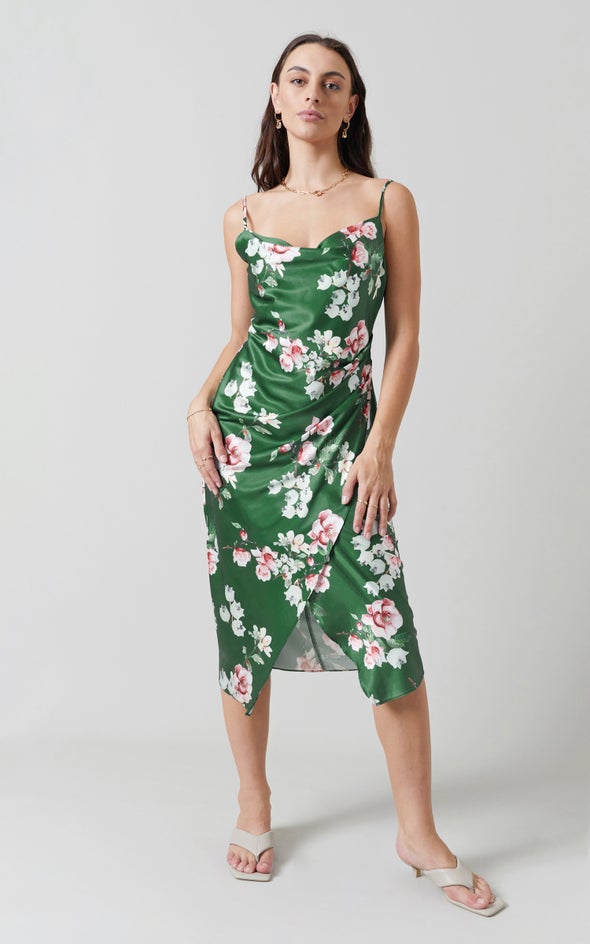 Satin Cowl Split Hem Dress Green/floral