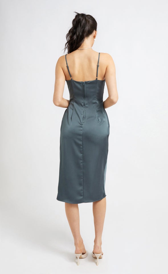 Satin Cowl Split Hem Dress Grey Emerald