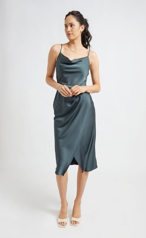 Satin Cowl Split Hem Dress Grey Emerald