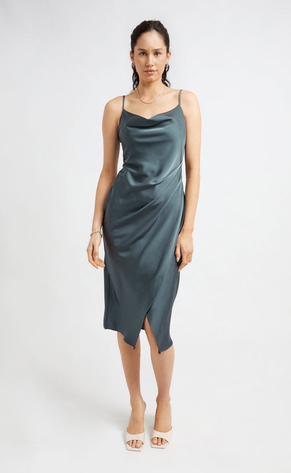 Satin Cowl Split Hem Dress Grey Emerald