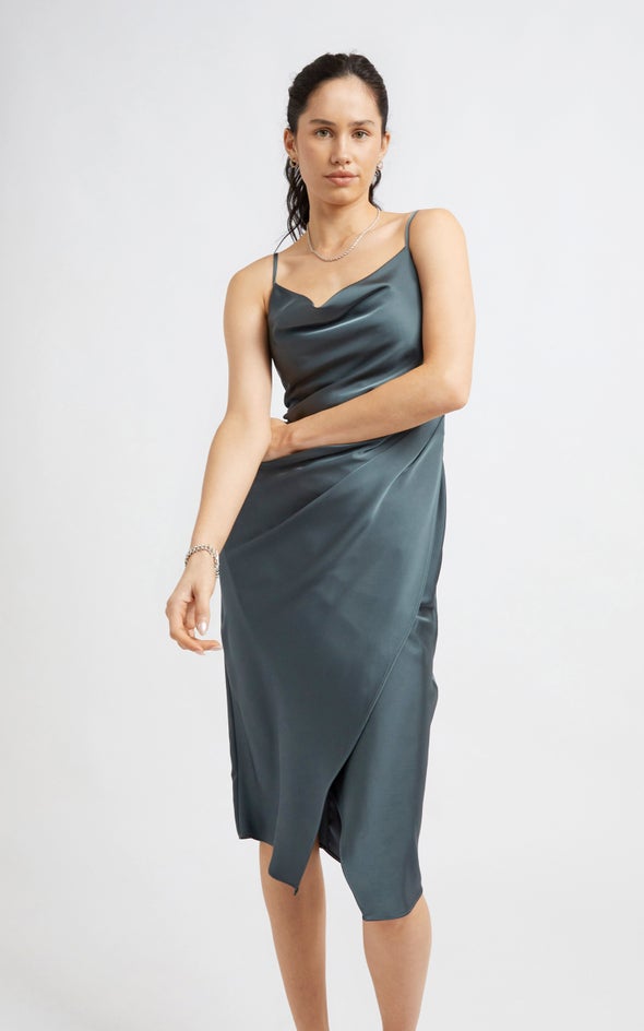 Satin Cowl Split Hem Dress Grey Emerald