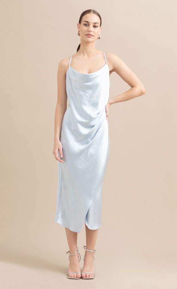 Satin Cowl Split Hem Dress Ice Blue