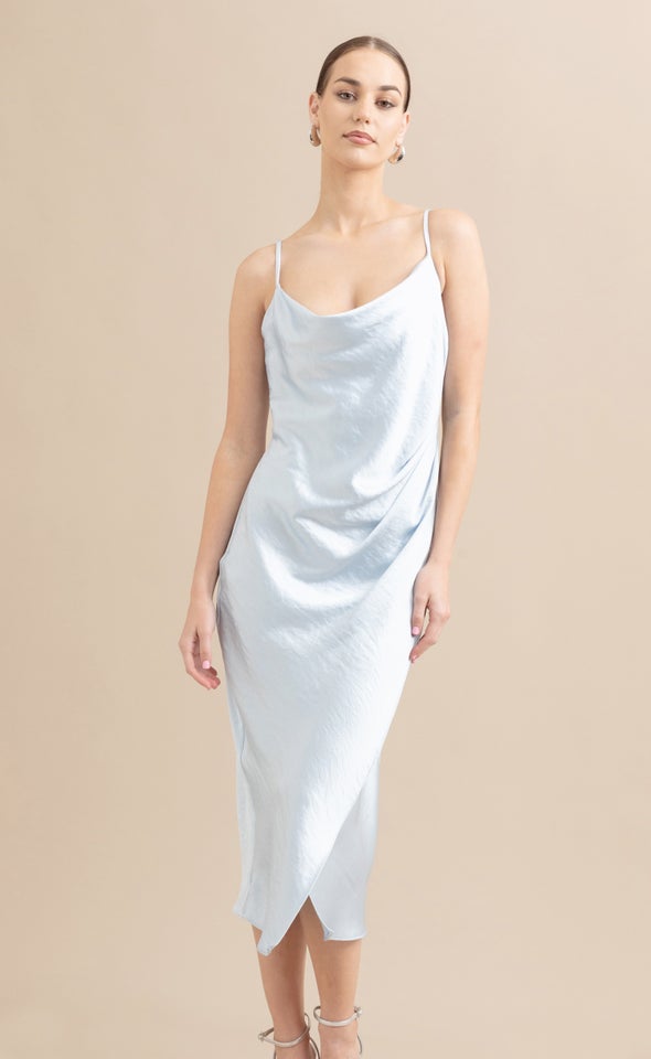 Satin Cowl Split Hem Dress Ice Blue