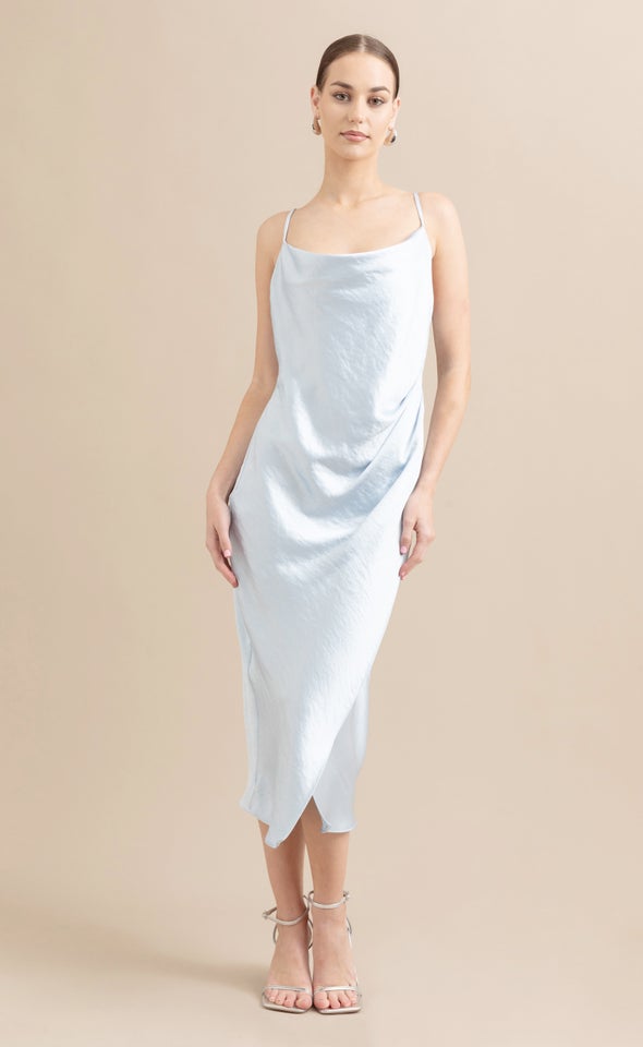 Satin Cowl Split Hem Dress Ice Blue