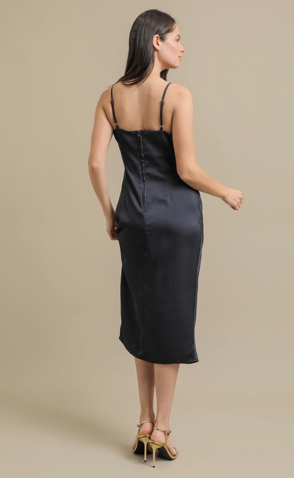 Satin Cowl Split Hem Dress Ink