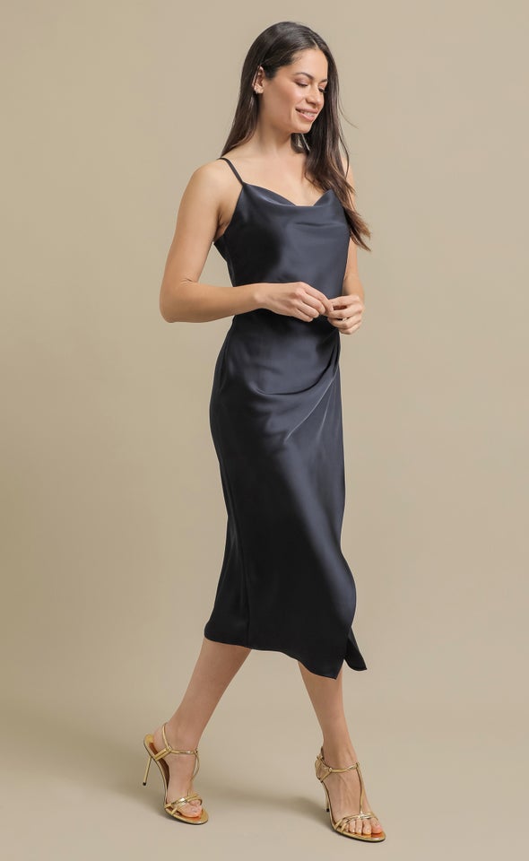 Satin Cowl Split Hem Dress Ink