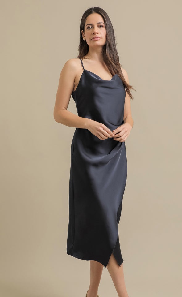 Satin Cowl Split Hem Dress Ink